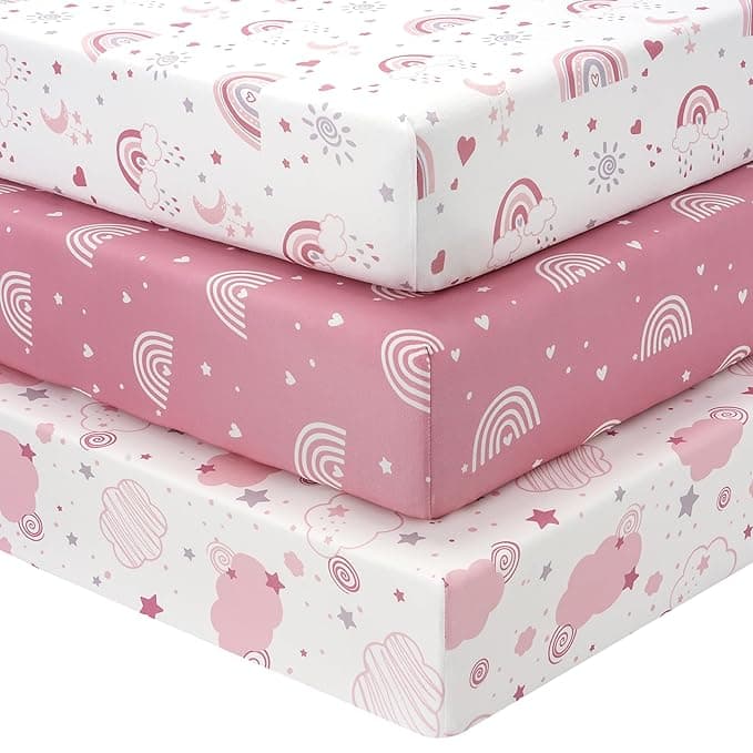 Baby Crib Sheets Girl, 3 Pack Toddler Bed Sheets Fitted for 52”x28” Standard Crib and Toddler Mattresses, Super Soft Microfiber Pink Rainbow - Image 1
