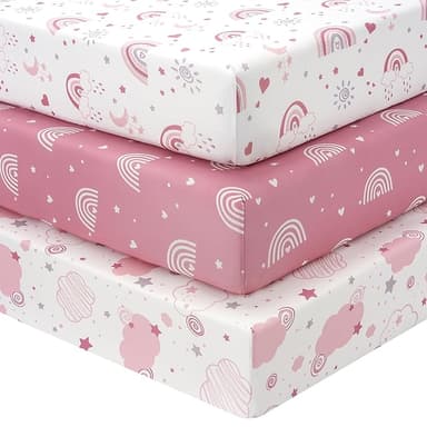 Baby Crib Sheets Girl, 3 Pack Toddler Bed Sheets Fitted for 52”x28” Standard Crib and Toddler Mattresses, Super Soft Microfiber Pink Rainbow - Image 1