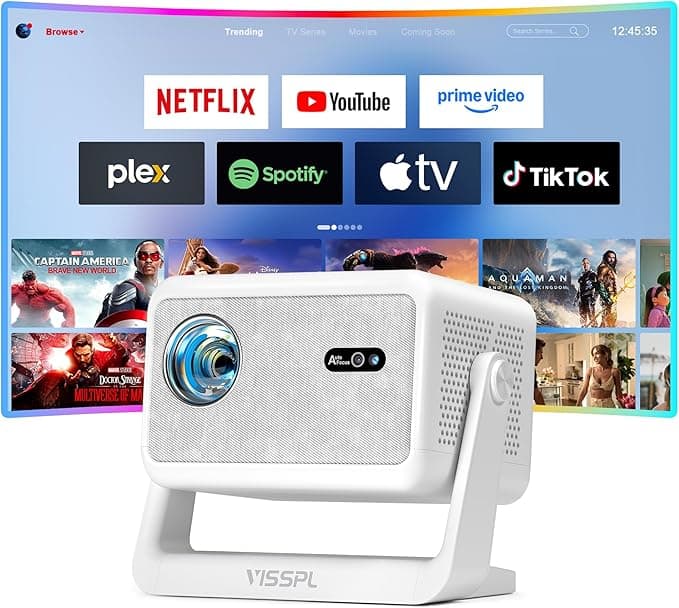 【Compatible with Netflix & Auto focus 】VISSPL Smart Projector with WiFi and Bluetooth, Auto Focus & Keystone Protable Mini Projector with Stand, 4K Home Theater Projector - Image 1