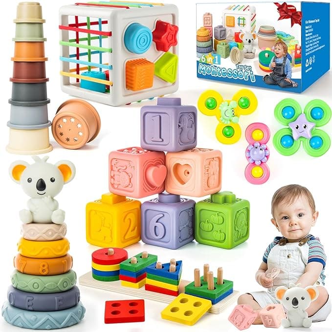 6-in-1 Baby Toys 6 to 12 Months, Montessori Toys for Babies 6-12-18 Months, Infant Teething Toy Stacking Blocks Rings Sensory Bin, Sorting Sensory Educational Learning Gift for Toddlers Aged 1-3 - Image 1