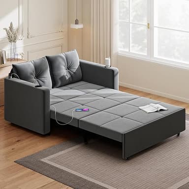 3 in 1 Pull Out Couch, 56 Inch Velvet Sofa Bed, Convertible Loveseat Sleeper Sofa for Living Room, Small Space, Upholstered Couch Bed with USB, Cup Holder(Grey - Image 1
