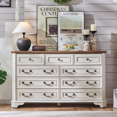 T4TREAM Farmhouse 9 Drawers Dresser for Bedroom, 54" Wide Wood Rustic Chest of Drawers with Natural Texture, Vintage Design, Storage Dressers Organizer for Bedroom, Living Room, Antique White - Image 2