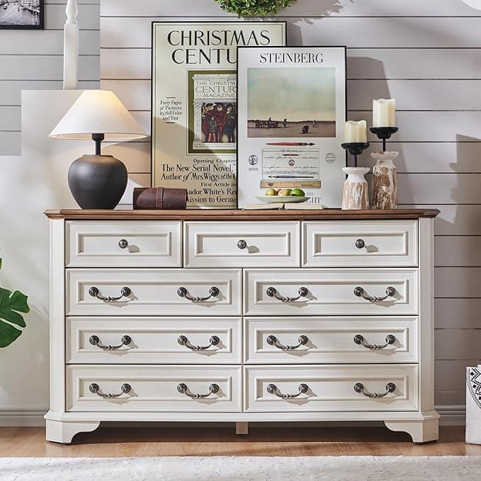 T4TREAM Farmhouse 9 Drawers Dresser for Bedroom, 54" Wide Wood Rustic Chest of Drawers with Natural Texture, Vintage Design, Storage Dressers Organizer for Bedroom, Living Room, Antique White - Image 1