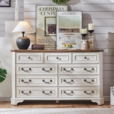 T4TREAM Farmhouse 9 Drawers Dresser for Bedroom, 54" Wide Wood Rustic Chest of Drawers with Natural Texture, Vintage Design, Storage Dressers Organizer for Bedroom, Living Room, Antique White - Image 1