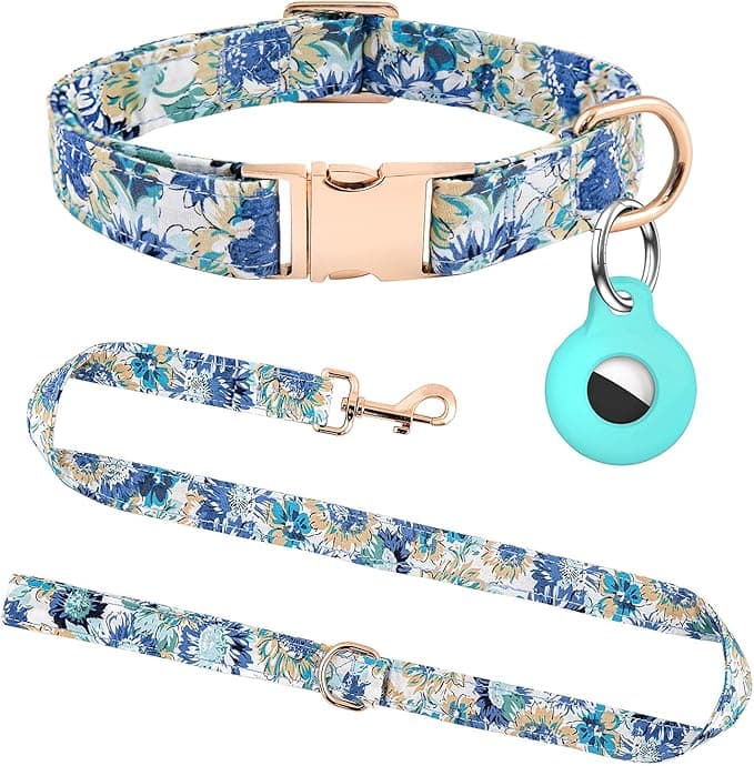 Dog Collar and Leash Set with AirTag Holder,Adjustable Dog Collars with Quick Release Metal Buckle,Flowers Patterns with Soft Padded for Small Medium Large Dogs - Image 1