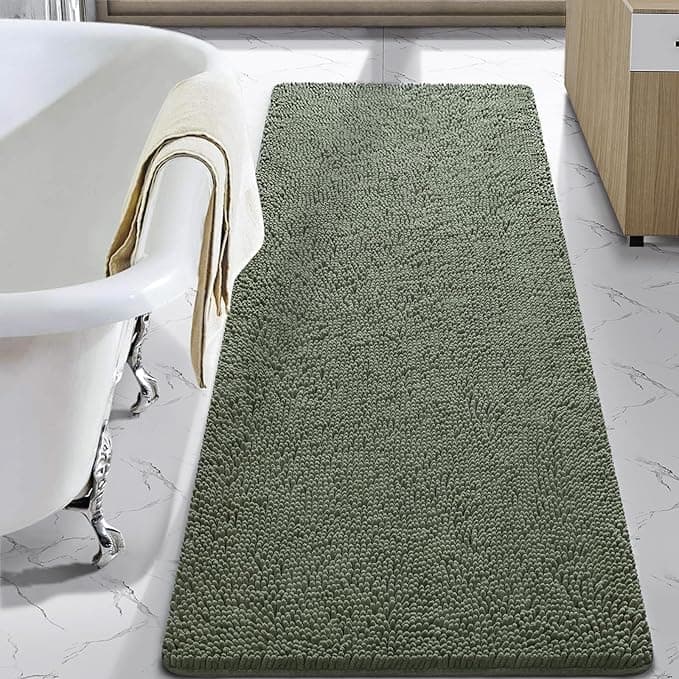 LOCHAS Luxury Bathroom Rug Shaggy Bath Mat 24 x 60 Inch, Washable Non Slip Bath Rugs for Bathroom Shower, Soft Plush Chenille Absorbent Carpets Mats, Sage Green - Image 1