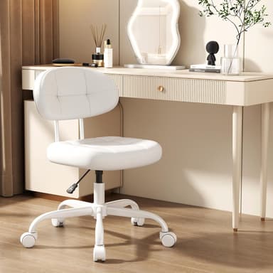 Misolant Vanity Chair with Back, Small Armless Cute office Chair with wheels and Lumbar support, Comfy PU Leather Desk Computer Chairs with Adjustable Height, 360°Swivel for Home Bedroom Office, White - Image 2