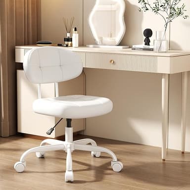 Misolant Vanity Chair with Back, Small Armless Cute office Chair with wheels and Lumbar support, Comfy PU Leather Desk Computer Chairs with Adjustable Height, 360°Swivel for Home Bedroom Office, White - Image 1