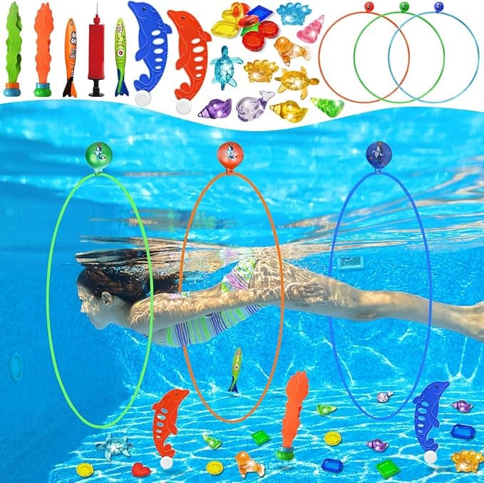 Jasonwell Pool Toys Diving Rings - 28PCS Swim Thru Rings Pool Game Diving Toys with Dive Ring Underwater Treasures Torpedo Bandits Fish Toy Fun Water Swimming Toy for Boys Girls Kids Teens Adults - Image 1
