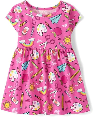 The Children's Place,Baby-Girls,and Toddler Short Sleeve Everyday Dresses,Pink School Doodle,4 Years - Image 1