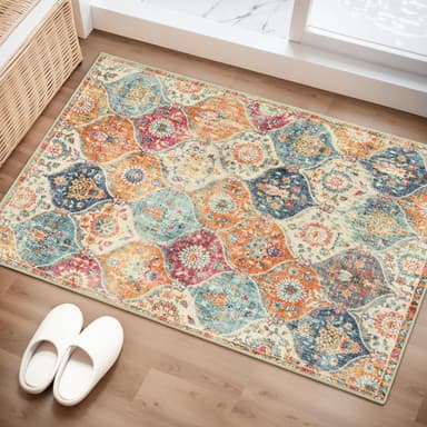 Lahome Moroccan Trellis Washable Rug, 2x3 Kitchen Rugs for Entryway Bathroom, Non-Slip Indoor Door Mat Ultra-Thin, Small Oriental Throw Carpet for Bedroom Entry, Cream/Multi - Image 2