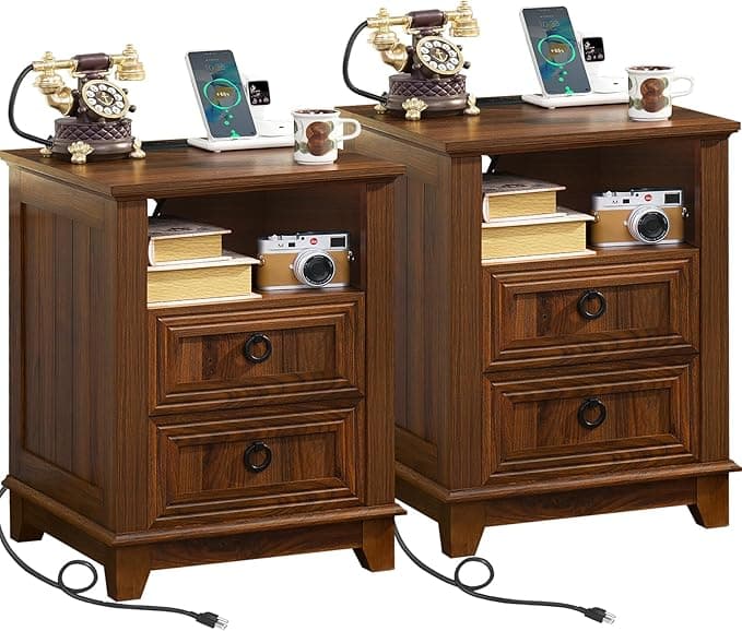 18" Farmhouse Night Stands Set of 2 with Charging Station, 2 Drawers End Table Dresser for Bedroom, Brown Wooden Nightstand, Bed Side Table with Open Shelf, Bedside Cabinet for Living Room - Image 1