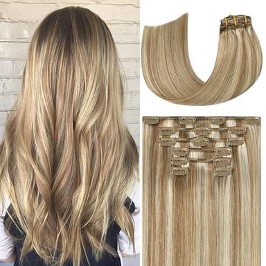 Ukira Blonde Hair Extensions Clip in Real Human Hair, 18 Inch 75g 7pcs Golden Blonde Highlights Human Hair Extensions Clip ins for Women, Soft Natural Straight Remy Human Hair Clip in Extensions - Image 1