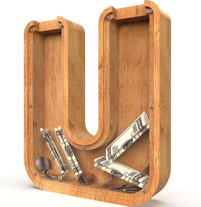 Piggy Bank for Kids Boys Girls, Large Personalized Wooden Letter Piggy Bank with Cut-Out Design, Alphabet Letter Coin Banks, Money Savings Box, Wooden Bank for Kids Creative Gift for Real-Money(U - Image 1