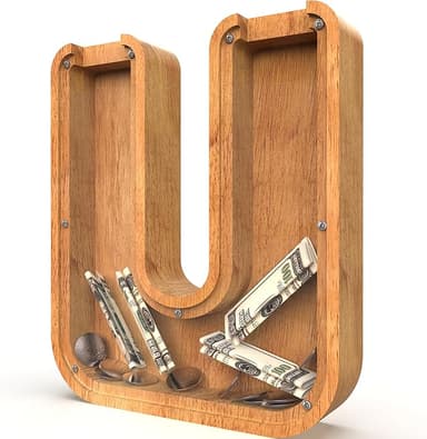 Piggy Bank for Kids Boys Girls, Large Personalized Wooden Letter Piggy Bank with Cut-Out Design, Alphabet Letter Coin Banks, Money Savings Box, Wooden Bank for Kids Creative Gift for Real-Money(U - Image 1