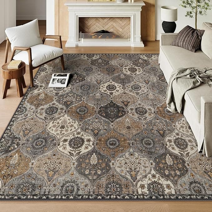 Lahome Moroccan Trellis 9x12 Rug for Living Room, Soft 9x12 Area Rug for Bedroom Dining Room, Ultra-Thin Non-Slip Non Shedding Distressed Throw Large Carpet for Office, Grey - Image 1