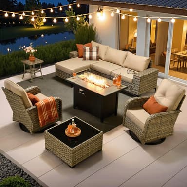 ovios 9 Pieces Patio Furniture Set Outdoor Sectional Sofa Couch with Fire Pit Table Rocking Swivel Chairs Deep Seat Chaise, Modern Modular Wicker Rattan Conversation Set, Beige - Image 2