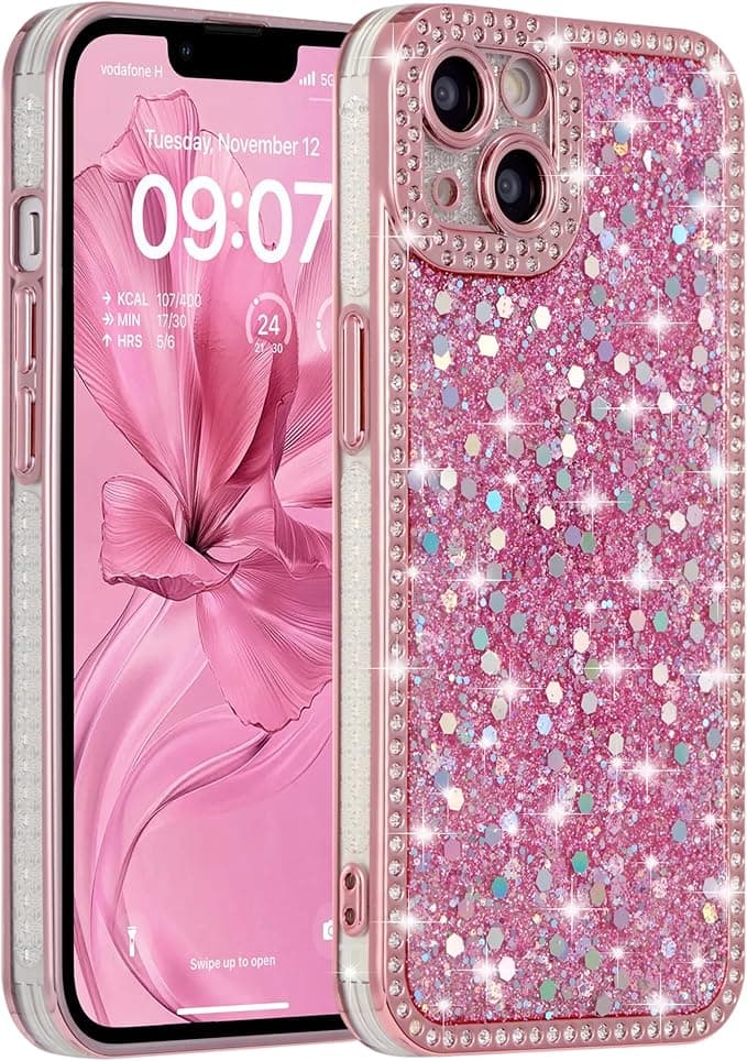 FABSPARK Case for iPhone 16 Plus,Glitter Crystal Diamond Rhinestones Sequin Shiny Bling Sparkly Glossy Luxury Electroplated Case,Aesthetic Cute Full Protection for iPhone 16 Plus,Pink - Image 1