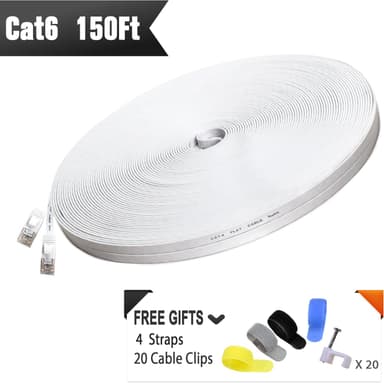Cat 6 Ethernet Cable 150 ft, Indoor&Outdoor, High Speed 10Gbps Internet Network, Pure Copper Flat Ethernet Patch Cable Long, Computer LAN Cable with Clips & Straps for Router, Modem, PS4/5, White - Image 9