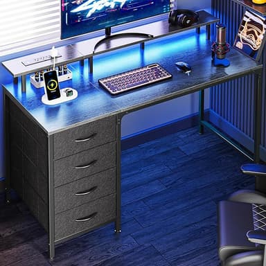 Huuger 47 Inch Computer Desk with Power Outlets and LED Lights, Gaming Desk with 4 Drawers, Office Desk with Monitor Stand, Study Desk Work Desk for Home Office, Small Spaces, Gray - Image 1