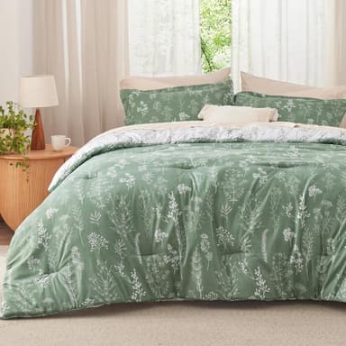Bedsure Queen Comforter Set - Green Bed Set, 3 Pieces Cute Floral Bedding, 1 Soft Reversible Botanical Flowers Comforter and 2 Pillow Shams - Image 2