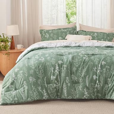 Bedsure Queen Comforter Set - Green Bed Set, 3 Pieces Cute Floral Bedding, 1 Soft Reversible Botanical Flowers Comforter and 2 Pillow Shams - Image 1