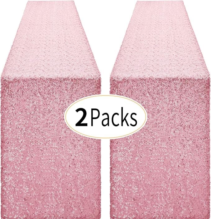 2 Packs 12 x 72 inches Light Pink Sequin Table Runner, Glitter Runner for Birthday Party Supplies Decorations Wedding Bachelorette Holiday Celebration Bridal Shower Baby Shower - Image 1