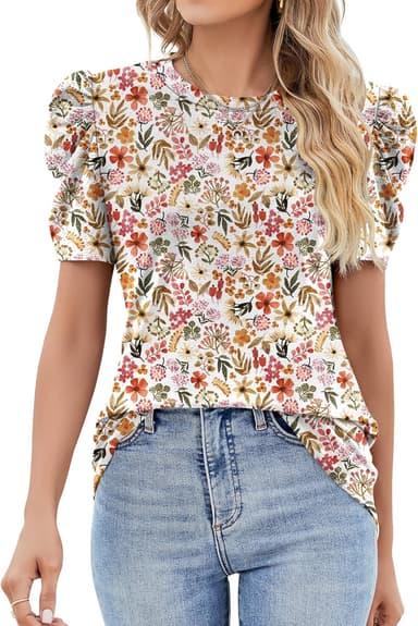 Ivicoer Puff Short Sleeve Shirt for Women Eyelet Tops Summer Crewneck Blouse Loose Fit S-XXL - Image 2