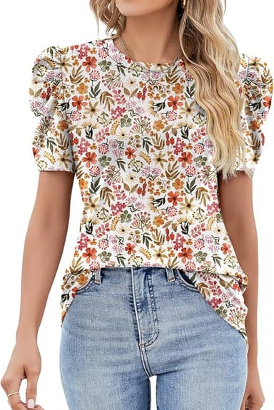 Ivicoer Puff Short Sleeve Shirt for Women Eyelet Tops Summer Crewneck Blouse Loose Fit S-XXL - Image 1