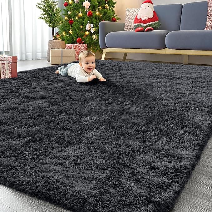 OLANLY 9x12 Machine Washable Large Area Rugs for Living Room, Bedroom, Soft Fluffy Shaggy Bedside Rug, Indoor Floor Carpet for Kids Girls and Boys, Dorms, Nursery, Home Decor Aesthetic, Black - Image 1