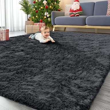 OLANLY 9x12 Machine Washable Large Area Rugs for Living Room, Bedroom, Soft Fluffy Shaggy Bedside Rug, Indoor Floor Carpet for Kids Girls and Boys, Dorms, Nursery, Home Decor Aesthetic, Black - Image 1