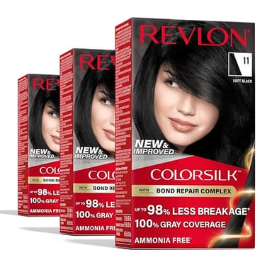 Revlon ColorSilk with Bond Repair Complex, Black Permanent Hair Color, 100% Gray Coverage, Ammonia Free Hair Dye, Vegan Keratin, 11 Soft Black (Pack of 3 - Image 1