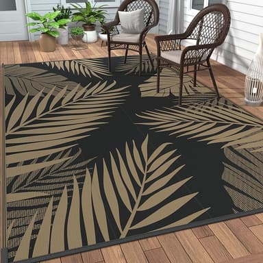GENIMO Outdoor Rug 8' x 16' Waterproof for Patios Clearance, Reversible Outdoor Plastic Straw Camping Rug Carpet, Large Area Rugs Mats for RV, Camper, Deck, Balcony, Porch, Beach, Picnic, Black&Brown - Image 1
