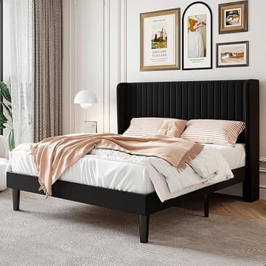 SHA CERLIN Queen Size Velvet Bed Frame with Vertical Channel Tufted Wingback Headboard, Upholstered Platform Bed with Wood Slats, No Box Spring Needed, Easy Assembly, Black - Image 1