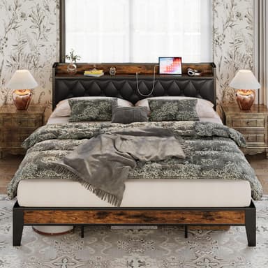 ANCTOR California King Bed Frames, Storage Headboard with Outlets, Easy to Install, Sturdy and Stable, No Noise, No Box Springs Needed, Rustic Brown and Black - Image 2