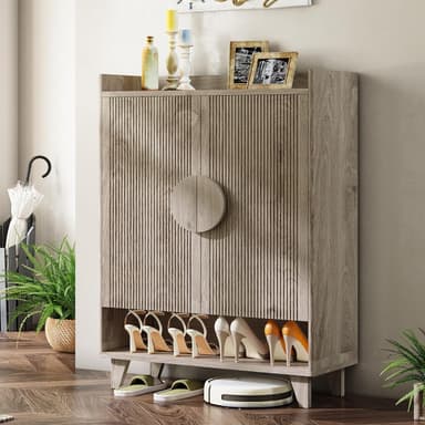 IRONCK Shoe Cabinet, 45.5" Tall Shoe Organizer with Fluted Doors, Shoe Rack Cabinet with 4-Tier Adjustable Shelves, Large Wooden Storage Cabinet for Entryway, Grey Oak - Image 2