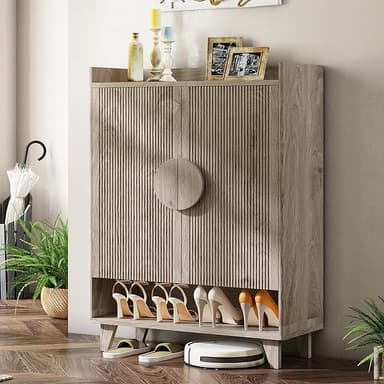 IRONCK Shoe Cabinet, 45.5" Tall Shoe Organizer with Fluted Doors, Shoe Rack Cabinet with 4-Tier Adjustable Shelves, Large Wooden Storage Cabinet for Entryway, Grey Oak - Image 1