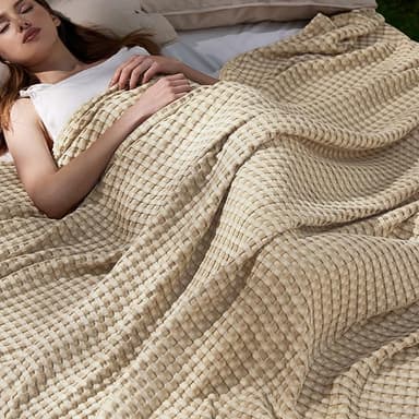 Bedsure Cooling Cotton Waffle Queen Size Blanket -Lightweight Breathable Blanket of Rayon Derived from Bamboo for Hot Sleepers, Luxury Throws for Bed, Couch and Sofa, Light Brown, 90x90 Inches - Image 1