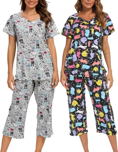 ENJOYNIGHT 2 Pack Womens Pajama Sets Cotton Short Sleeve Top with Capri Pants Summer Pjs Sleepwear - Image 2