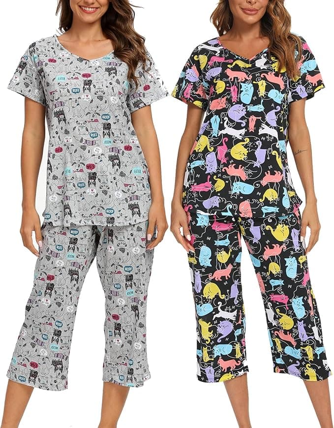 ENJOYNIGHT 2 Pack Womens Pajama Sets Cotton Short Sleeve Top with Capri Pants Summer Pjs Sleepwear - Image 1