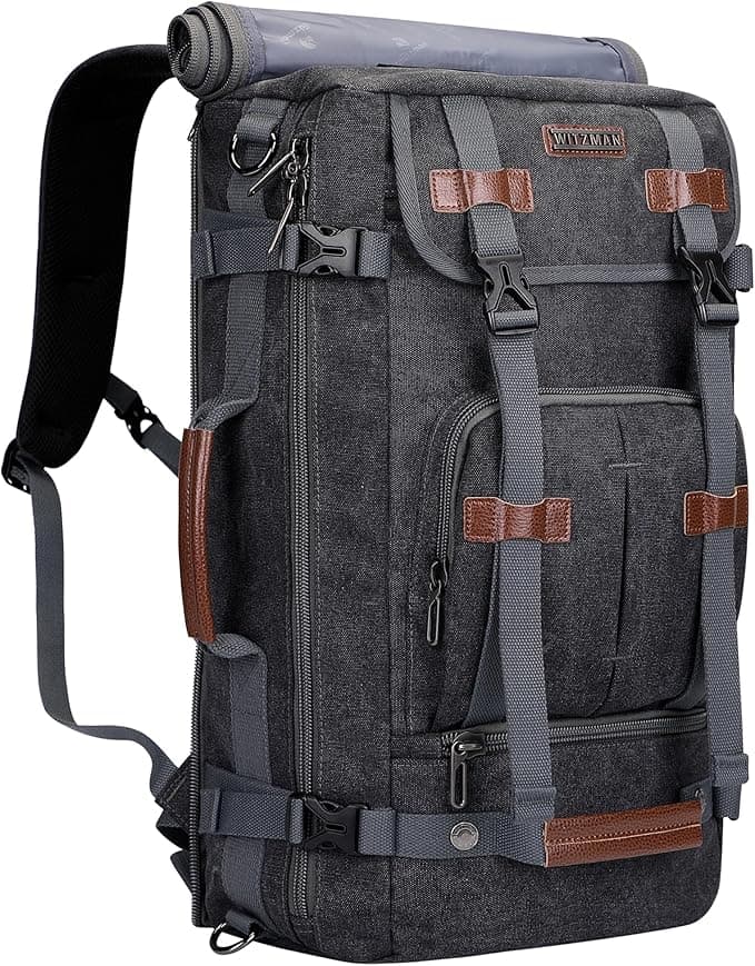 WITZMAN Canvas Backpack Vintage Travel Backpack Large Laptop Bags Convertible Shoulder Rucksack(A519-1 Black - Image 1