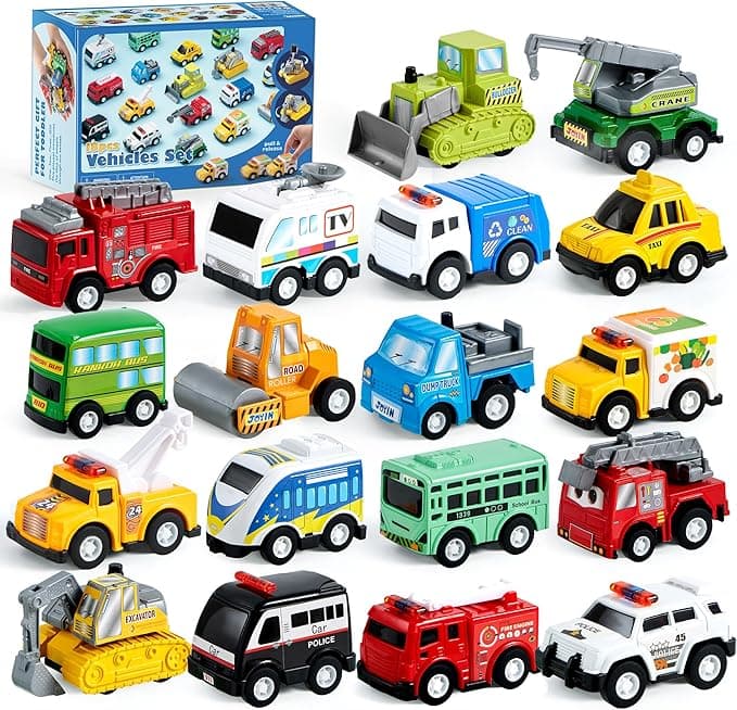 JOYIN 18 Pcs Pull Back City Cars and Trucks Toy Vehicles Set, Friction Powered Cars Toys for Toddlers, Kids Stocking Stuffers, Treasure Box Gifts for Classroom, Christmas Great Gifts for Grandkids - Image 1