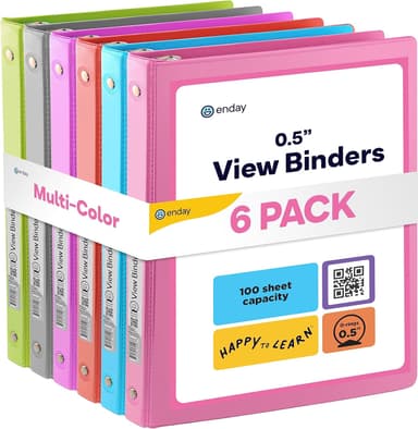 ½ Inch 3 Ring Binder, .5 Inch Round Ring Clear View Cover with 2 Inside Pockets Binders, Colored School Supplies Binders in Grey, Pink, Blue, Purple, Green and Red, Multicolor (6 PC) – by Enday - Image 2