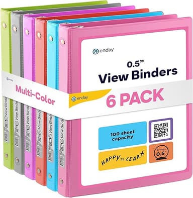 ½ Inch 3 Ring Binder, .5 Inch Round Ring Clear View Cover with 2 Inside Pockets Binders, Colored School Supplies Binders in Grey, Pink, Blue, Purple, Green and Red, Multicolor (6 PC) – by Enday - Image 1