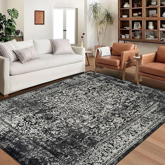 vivorug 8x10 Area Rugs, Stain Resistant Washable Rug for Living Room, Vintage-Inspired Black and White Rug - Image 1