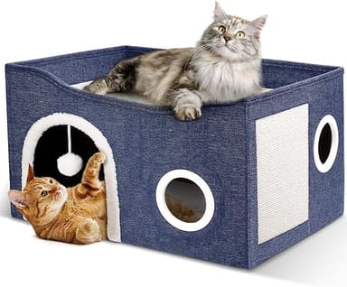 Heeyoo Cat House for Indoor Cats - Large Cat Bed Cave with Fluffy Ball and Scratch Pad, Foldable Cats Houses & Condos, Cat Hideaway, Covered Kitty Bed for Multi Small Large Kitty, 23.8x15.9x13.2 Inch - Image 1