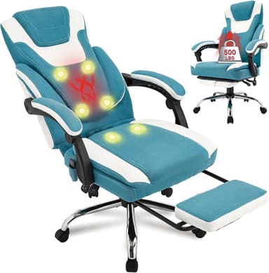 Massage Office Chair with Footrest,6-Point Vibration & Heat Executive Office Chairs,500LBS Big and Tall Fabric Office Chair,Ergonomic Desk Chair for Heavy People,Recliner with Padded Armrest,Bluewhite - Image 2