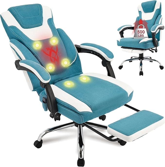 Massage Office Chair with Footrest,6-Point Vibration & Heat Executive Office Chairs,500LBS Big and Tall Fabric Office Chair,Ergonomic Desk Chair for Heavy People,Recliner with Padded Armrest,Bluewhite - Image 1