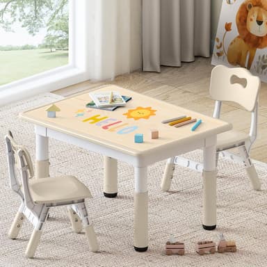 Kids Study Table and Chairs Set, Height Adjustable Toddler Table and Chair Set for Kids Ages 3-8, 31.5" L x 23.6" W Graffiti Desktop Plastic Children Art Table with 2 Seats, Burlywood - Image 2