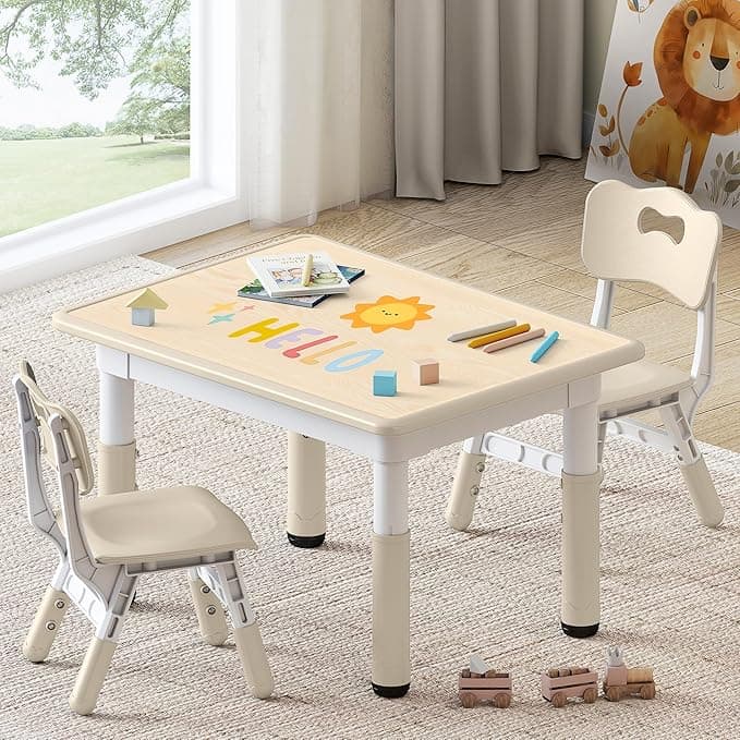 Kids Study Table and Chairs Set, Height Adjustable Toddler Table and Chair Set for Kids Ages 3-8, 31.5" L x 23.6" W Graffiti Desktop Plastic Children Art Table with 2 Seats, Burlywood - Image 1